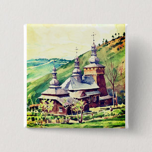 Bóton Quadrado 5.08cm Igreja de Madeira Ucraniana - Arte Arquitetônica 