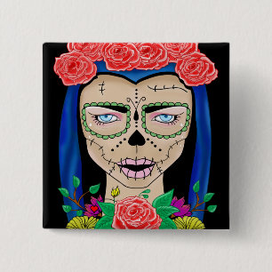Bóton Quadrado 5.08cm Ilustração de menina zombie com uma coroa de rosas