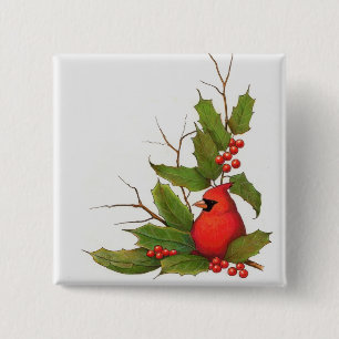 Bóton Quadrado 5.08cm Ilustração desenhado mão do Natal: Azevinho,