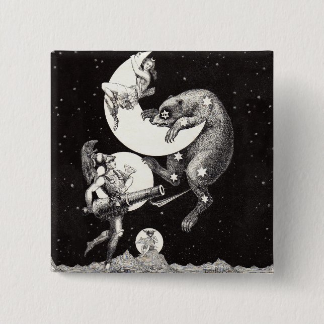 Bóton Quadrado 5.08cm Ilustração do Céu Lunar Celestial Deus Noturno (Frente)