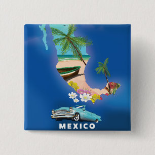 Bóton Quadrado 5.08cm Ilustração do mapa do México, pôster de viagem.