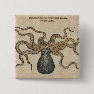 Bóton Quadrado 5.08cm Ilustração Octopus Vintage Kraken