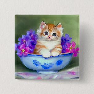 Bóton Quadrado 5.08cm Ilustração Vintage Laranja e White Kitten