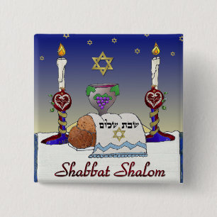 Bóton Quadrado 5.08cm Impressão da arte de Judaica Shabbat Shalom