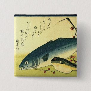 Bóton Quadrado 5.08cm Inada e Fugu - Impressão de Peixe Japonês de Hiros