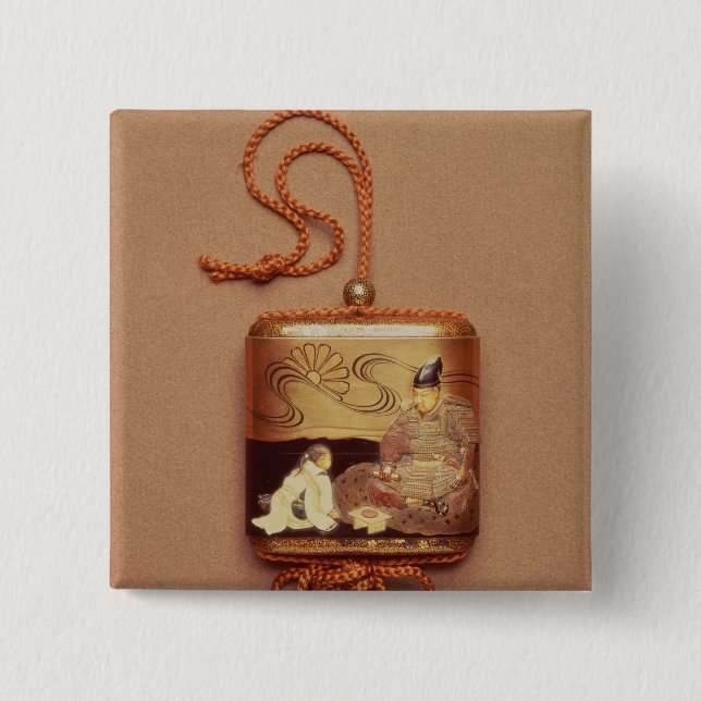 Bóton Quadrado 5.08cm Inro que mostra um empregado que ajoelha-se antes (Frente)