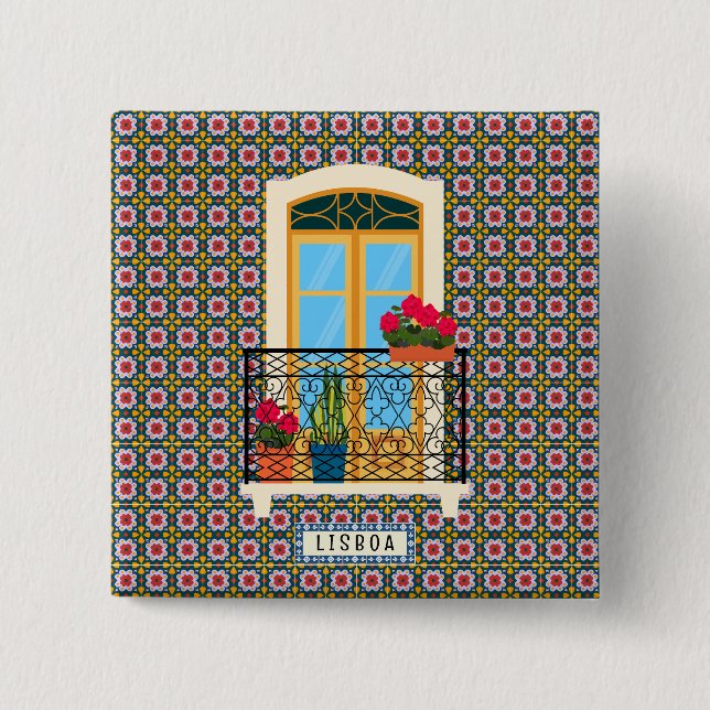 Bóton Quadrado 5.08cm Janela da casa de Lisboa com plantas e azulejos (Frente)