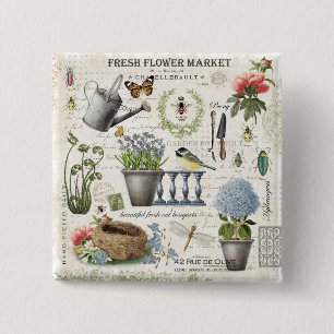 Bóton Quadrado 5.08cm Jardim das flores da fazenda francesa Modern Vinta