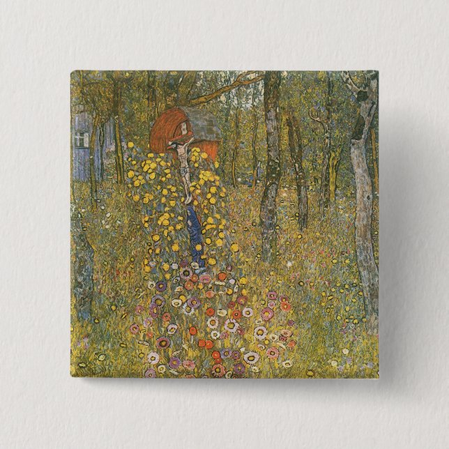 Bóton Quadrado 5.08cm Jardim de fazenda com Crucifixo (por Gustav Klimt) (Frente)