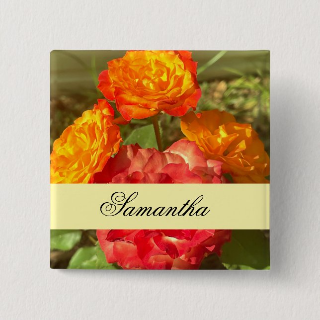 Bóton Quadrado 5.08cm Jardim De Flor Laranja E Vermelho (Frente)