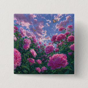 Bóton Quadrado 5.08cm Jardim de Peônia Rosa com Borboletas Arte