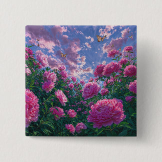 Bóton Quadrado 5.08cm Jardim de Peônia Rosa com Borboletas Arte