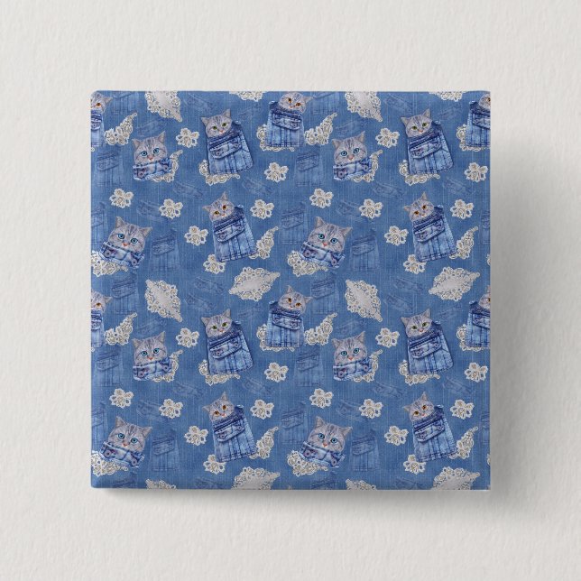 Bóton Quadrado 5.08cm Jeans de bolso de Denim, Kittens e Lace (Frente)