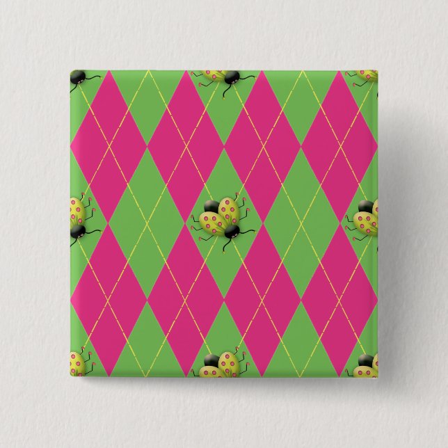 Bóton Quadrado 5.08cm Joaninha cor-de-rosa & verde de Argyle (Frente)