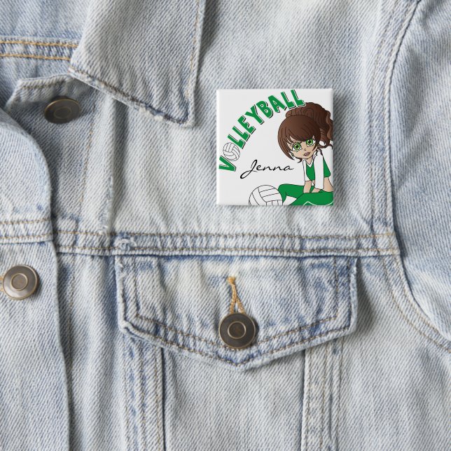 Bóton Quadrado 5.08cm Jogador de voleibol bonito da menina no verde (In Situ)