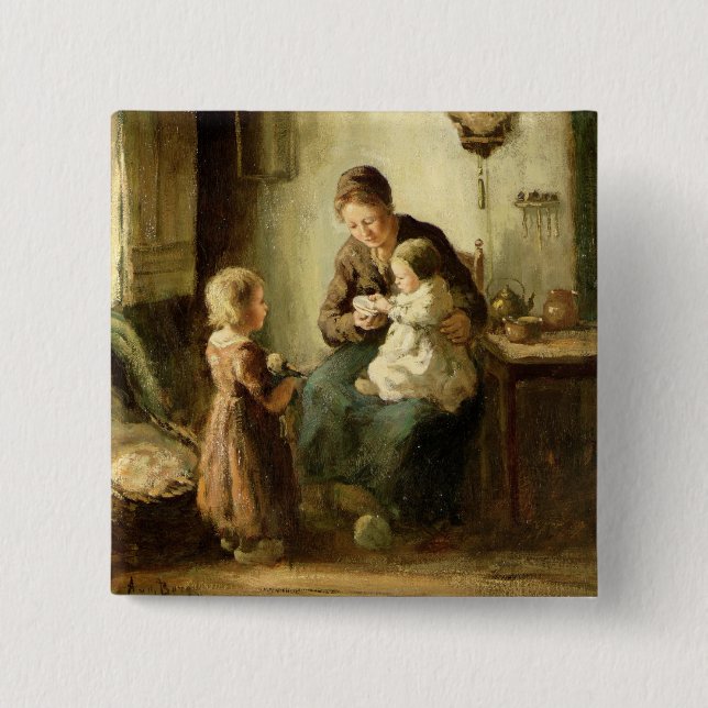 Bóton Quadrado 5.08cm Jogando com bebê, século XIX (Frente)