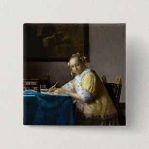 Bóton Quadrado 5.08cm Johannes Vermeer - A Lady escrevendo uma Carta