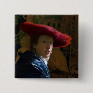 Bóton Quadrado 5.08cm Johannes Vermeer - Rapariga com Chapéu Vermelho