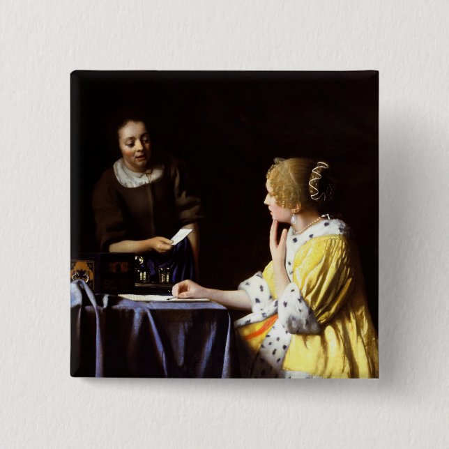 Bóton Quadrado 5.08cm Johannes Vermeer - Senhora e Maid (Frente)