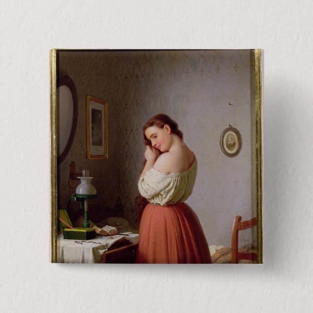 Bóton Quadrado 5.08cm Jovem mulher que entrança seu cabelo (Frente)