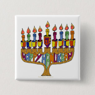 Bóton Quadrado 5.08cm Judaica Happy Hanukkah Dreidel Menorah