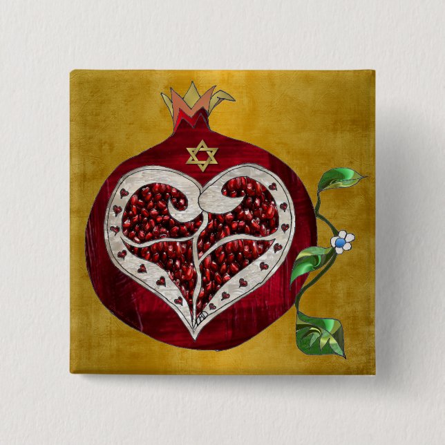 Bóton Quadrado 5.08cm Judaica Pomegranate Heart Hanukkah Rosh Hashanah (Frente)
