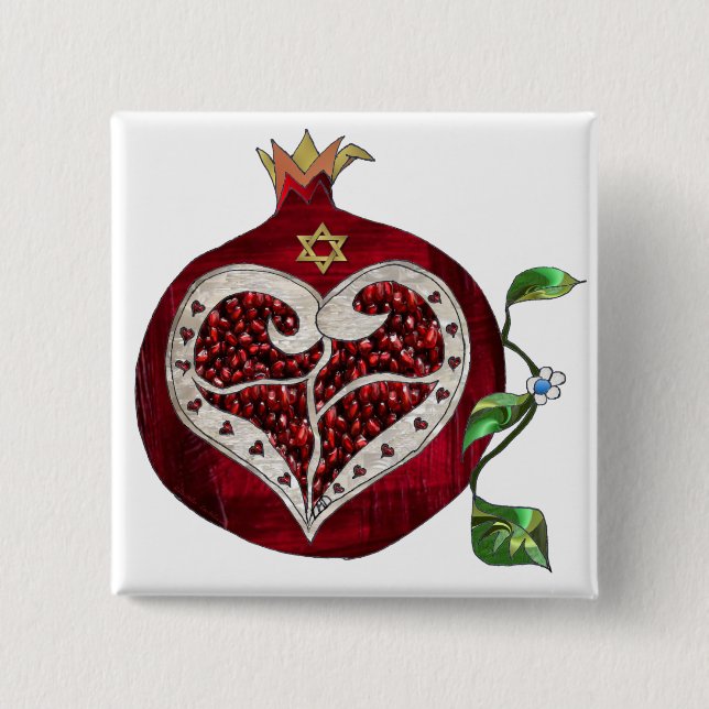 Bóton Quadrado 5.08cm Judaica Pomegranate Heart Hanukkah Rosh Hashanah (Frente)