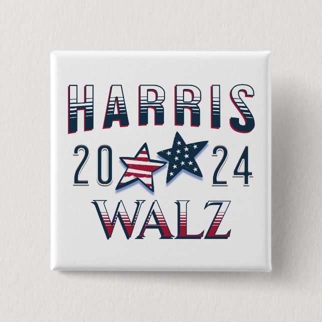 Bóton Quadrado 5.08cm Kamala Harris e Tim Walz 2024 (Frente)