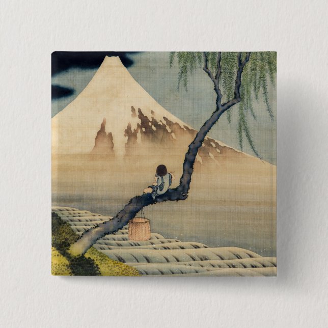 Bóton Quadrado 5.08cm Katsushika Hokusai - Menino Vivendo o Monte Fuji (Frente)