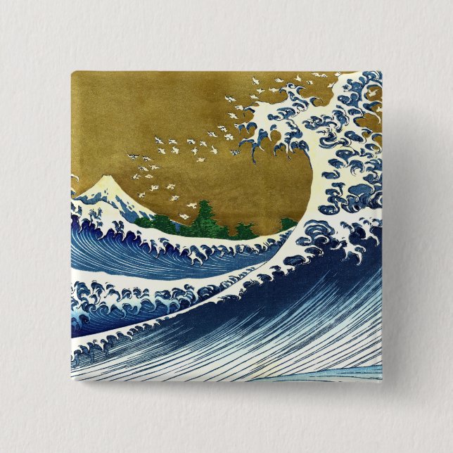Bóton Quadrado 5.08cm Katsushika Hokusai - Onda Grande Colorida (Frente)