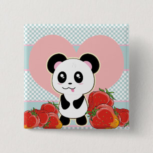Bóton Quadrado 5.08cm Kawaii Panda morango bonito
