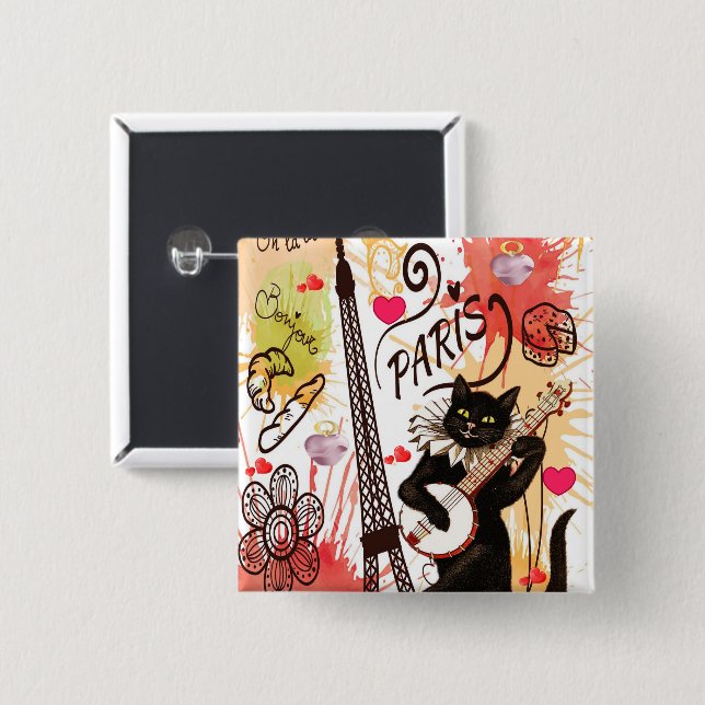 Bóton Quadrado 5.08cm Kitten Cat Paris França, Botão Quadrado (Frente & Verso)