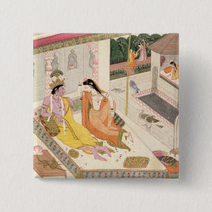 Bóton Quadrado 5.08cm Krishna e Radha em uma cama em um palácio do