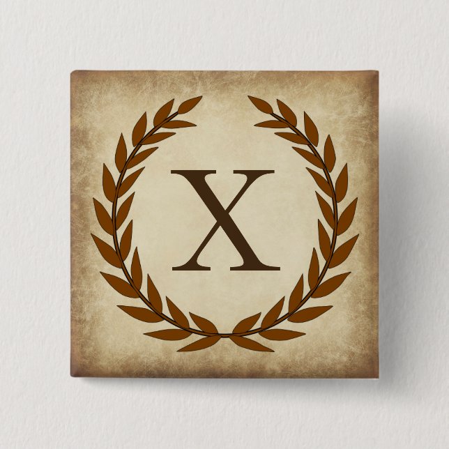 Bóton Quadrado 5.08cm Laurel Wreath Aged Papyrus Monograma Inicial X (Frente)