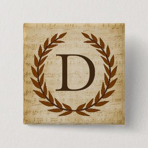 Bóton Quadrado 5.08cm Laurel Wreath Sheet Music Monograma Inicial D