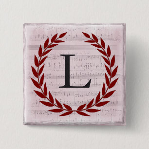 Bóton Quadrado 5.08cm Laurel Wreath Sheet Music Monograma Inicial L