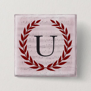 Bóton Quadrado 5.08cm Laurel Wreath Sheet Music Monograma Inicial U