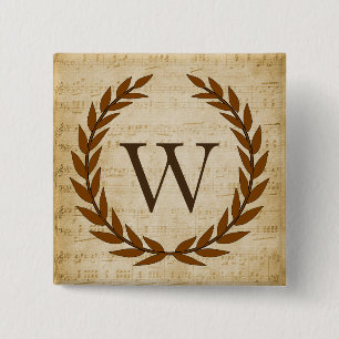 Bóton Quadrado 5.08cm Laurel Wreath Sheet Music Monograma Inicial W