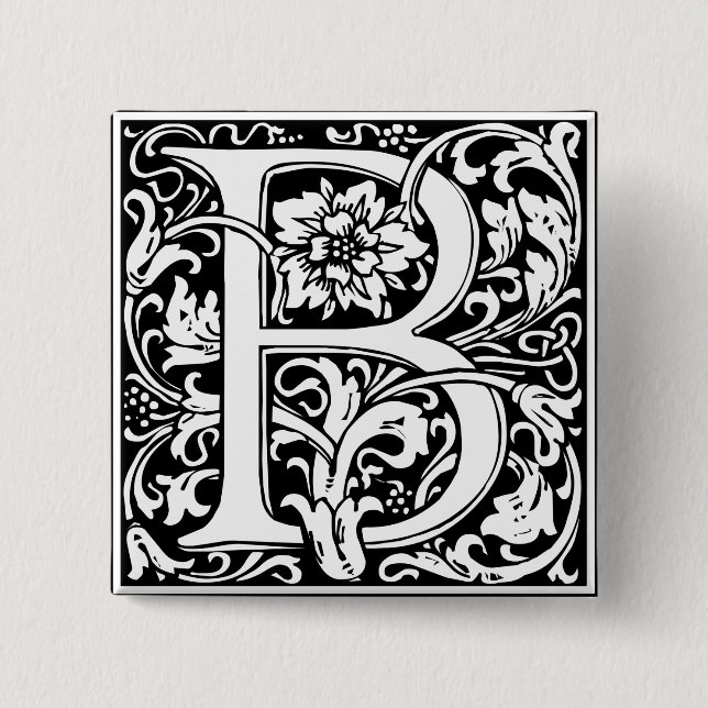 Bóton Quadrado 5.08cm Letra B Monograma Medieval Art Nouveau (Frente)