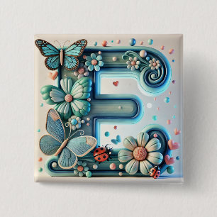 Bóton Quadrado 5.08cm Letra E Floral Elegante com Borboletas