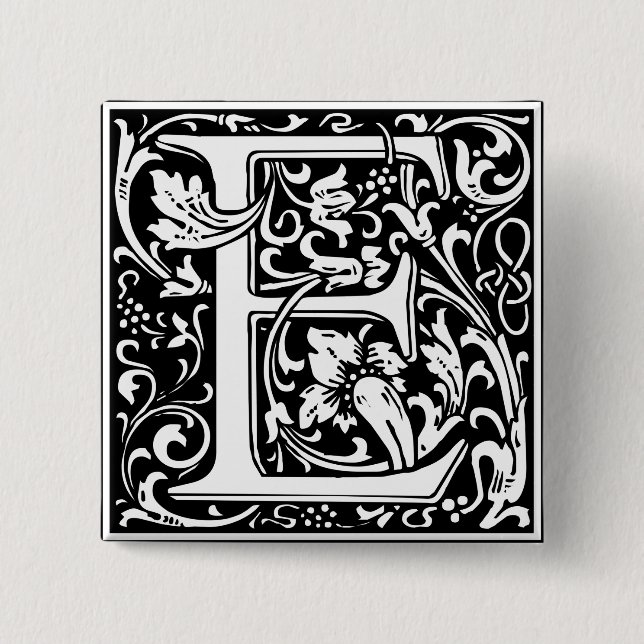 Bóton Quadrado 5.08cm Letra E Monograma Medieval Art Nouveau (Frente)