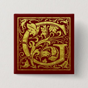 Bóton Quadrado 5.08cm Letra G Primeira Letra Faux Dourado Vermelho