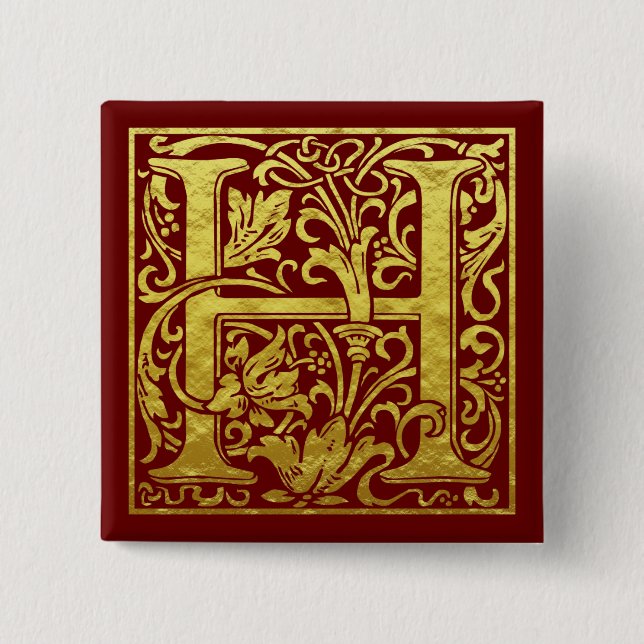 Bóton Quadrado 5.08cm Letra H Primeira Letra Faux Dourada (Frente)