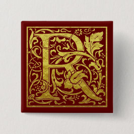 Bóton Quadrado 5.08cm Letra R Primeira Letra Faux Vermelho Dourado