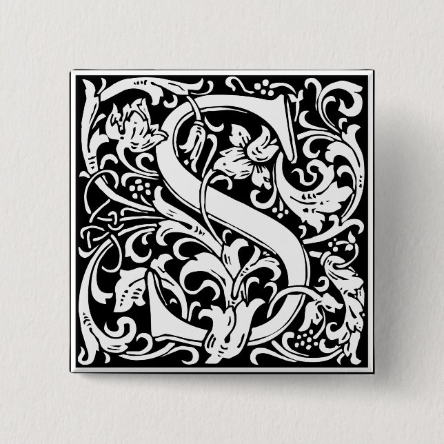 Bóton Quadrado 5.08cm Letra S Monograma Medieval Art Nouveau (Frente)