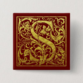 Bóton Quadrado 5.08cm Letra S Primeira Letra Faux Dourado Vermelho