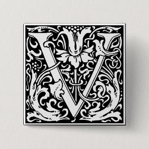 Bóton Quadrado 5.08cm Letra V Monograma Medieval Art Nouveau