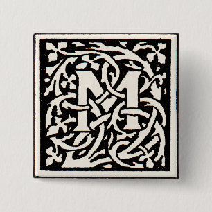 Bóton Quadrado 5.08cm Letra Vintage Monograma M Art Nouveau