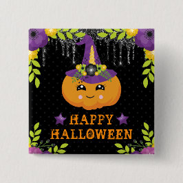 Bóton Quadrado 5.08cm Linda Flor de Abóbora Feliz Halloween