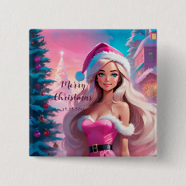 Bóton Quadrado 5.08cm Linda garota de Natal rosa 01